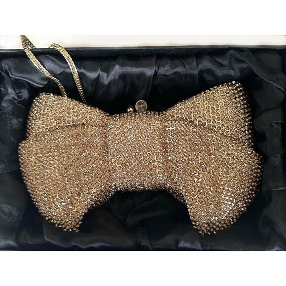 Gold Embellished Crystal Studded Bow Shaped Clutch Purse Luxury Cocktail - Picture 3 of 7